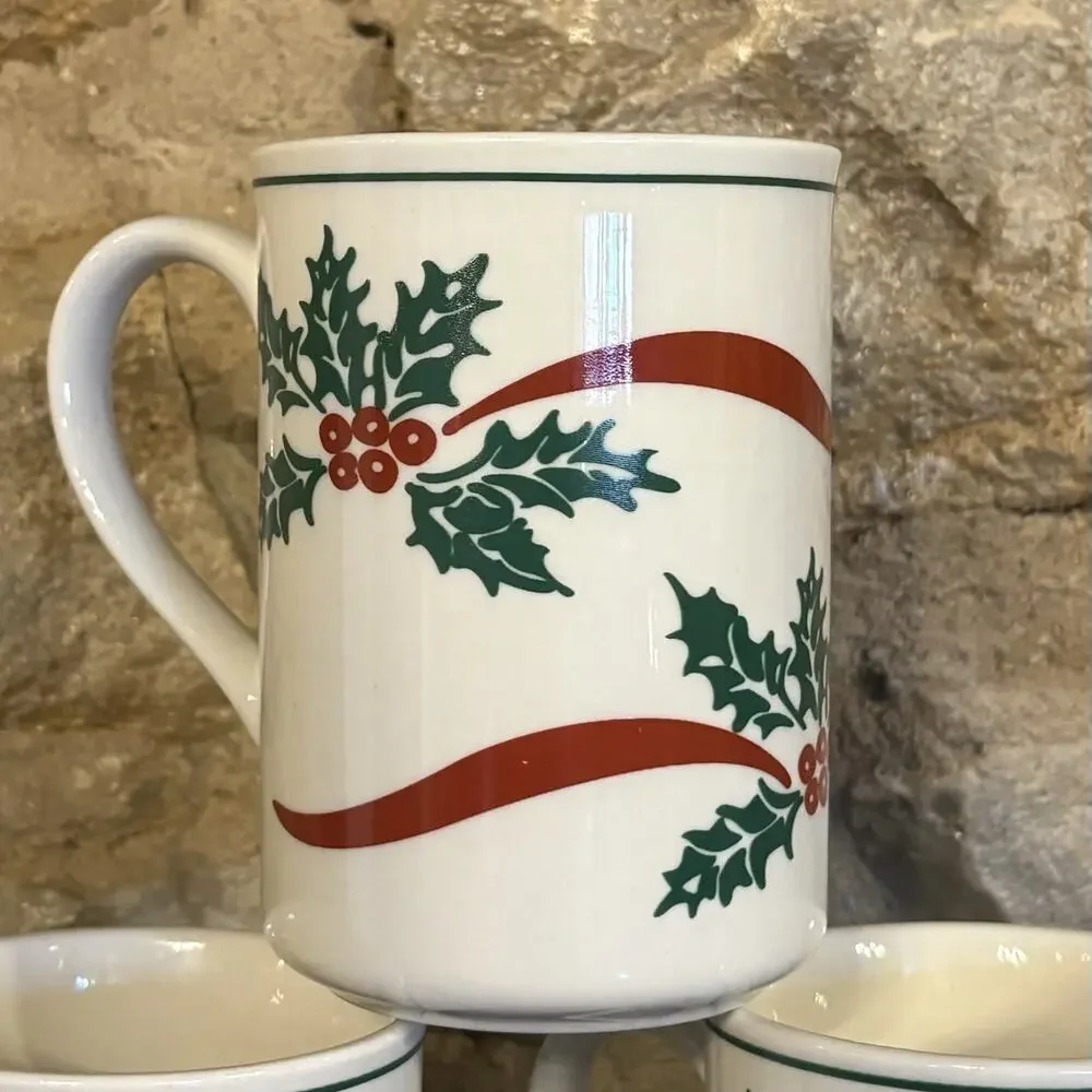 Vintage Libbey Holly Berries Ribbon Ceramic Cups Mugs Holiday Christmas Set of 6